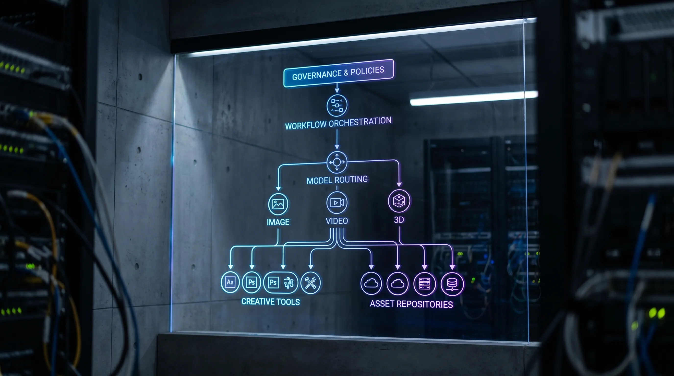 Simplified diagram of an intelligent operating system for creative pipelines, showing layers from governance and policies to workflow orchestration, model routing (image, video, 3D), and integrations into creative tools and asset repositories.