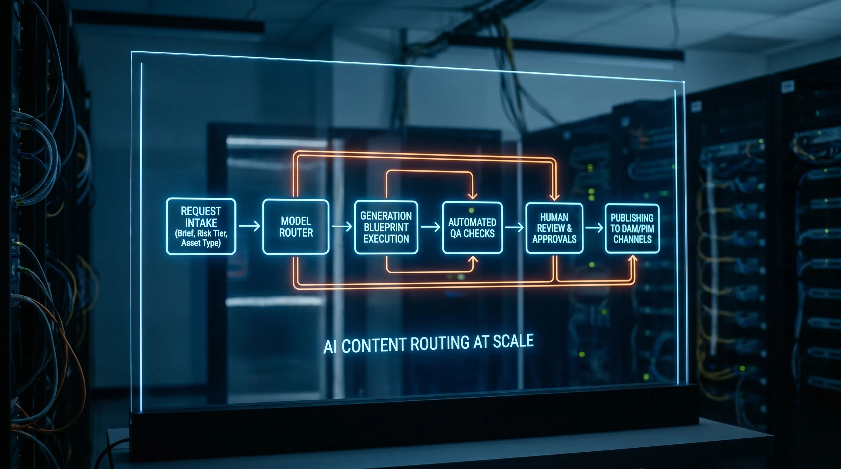 Simple pipeline diagram showing AI content routing at scale: request intake (brief, risk tier, asset type) flows into model router, then into generation blueprint execution, then into automated QA checks, then human review and approvals, then publishing to DAM/PIM channels.