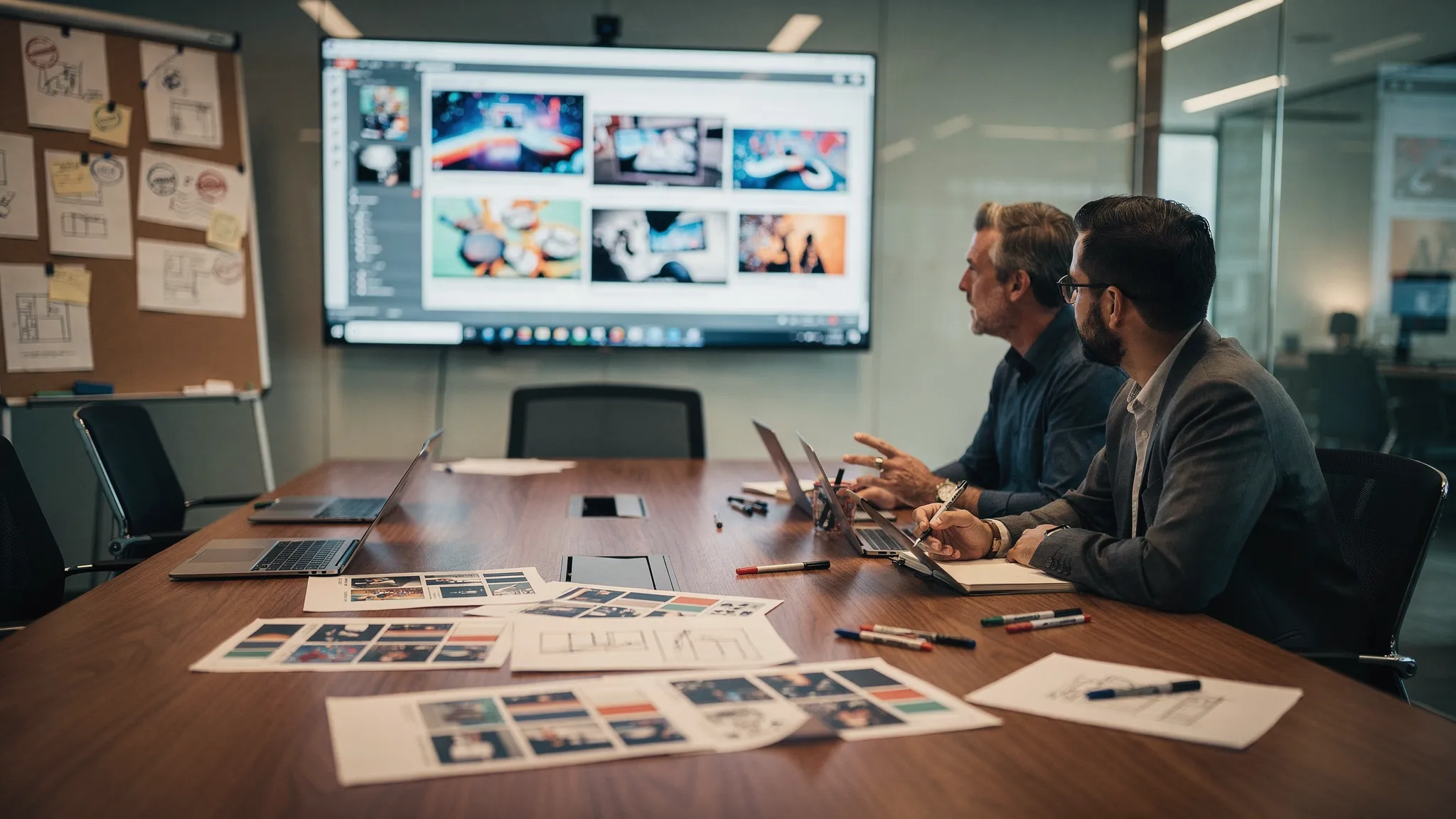 An enterprise creative team review scene: art director and producer discussing AI-generated images and a short video on a large screen in a studio meeting room, with printed mood board references on the table, and visible approval stamps on a project board (no readable text).