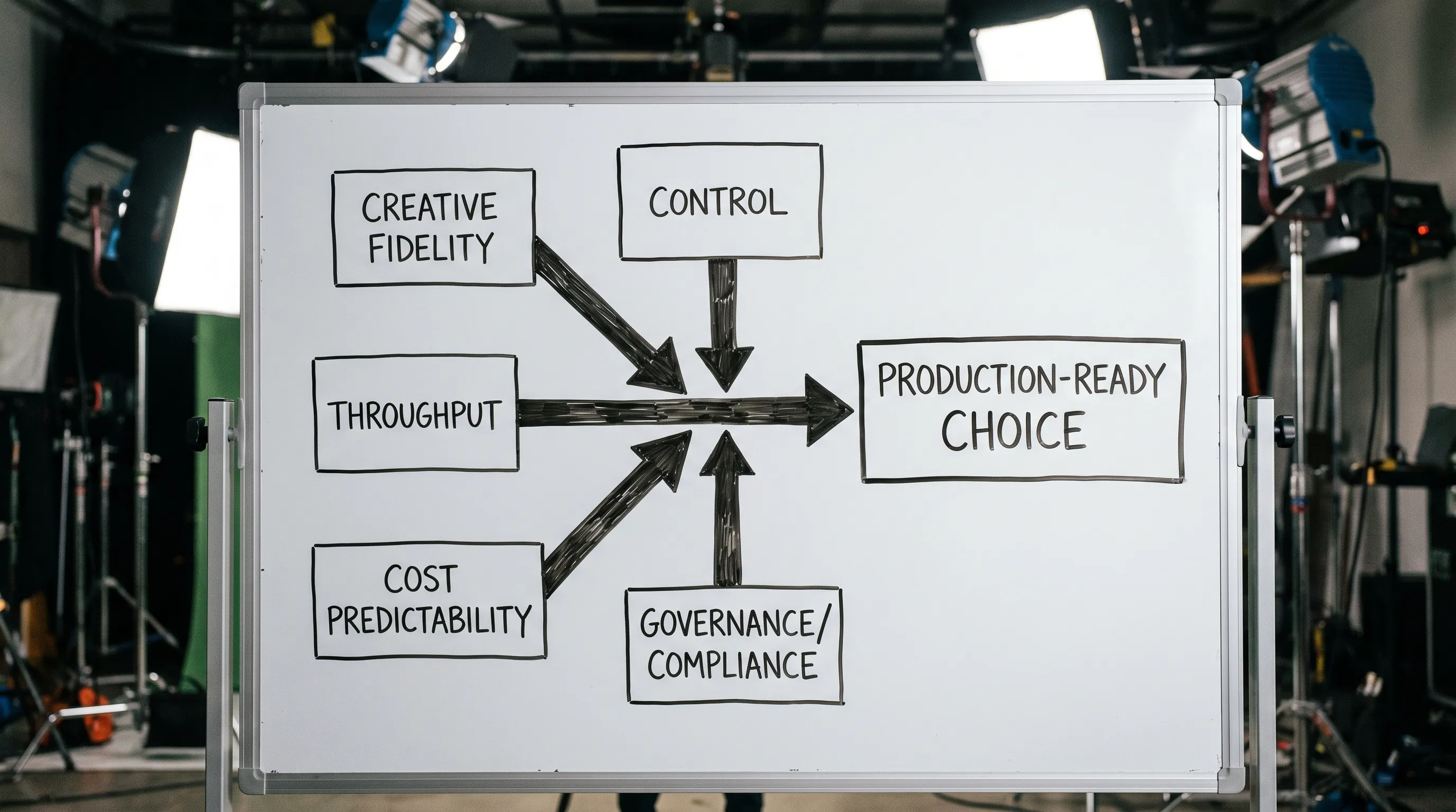 A simple decision diagram showing five model selection factors for studios: creative fidelity, control, throughput, cost predictability, and governance/compliance, with arrows pointing to a final “production-ready choice”.