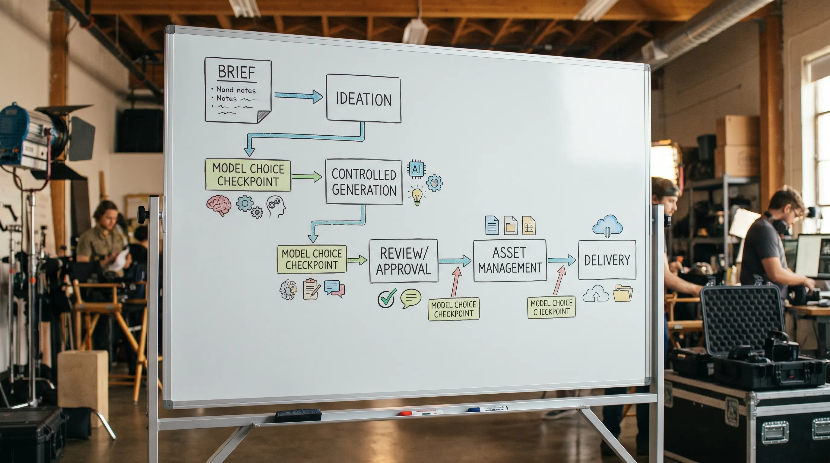 A studio workflow diagram showing stages from brief to ideation to controlled generation to review/approval to asset management and delivery, with model choice checkpoints at each stage.
